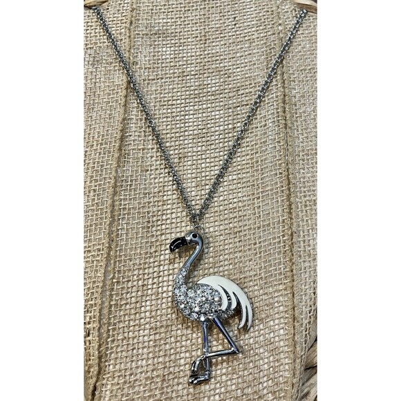 Chicos Clear Rhinestone & Enamel Flamingo Pendant Silver Tone Necklace  30~33in - Picture 2 of 10